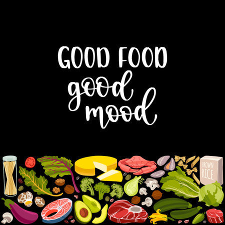 Healthy nutrition inspirational quote. Hand drawn healthy food and motivational phrase.のイラスト素材