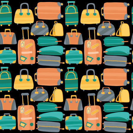 Seamless travel pattern with luggage. Colorful trendy flat style hand drawn suitcases, travel bags and backpacks.のイラスト素材