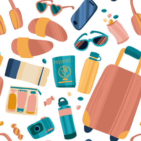 Seamless pattern with hand drawn journey items.