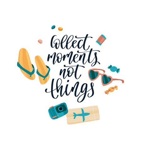 Travel inspiration quote and journey items. Positive phrase about trip or adventure.のイラスト素材