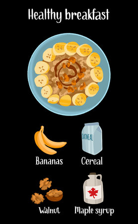 Healthy breakfast hand drawn recipe. Delicious ready dish with ingredients in flat style with dry brush texture.のイラスト素材