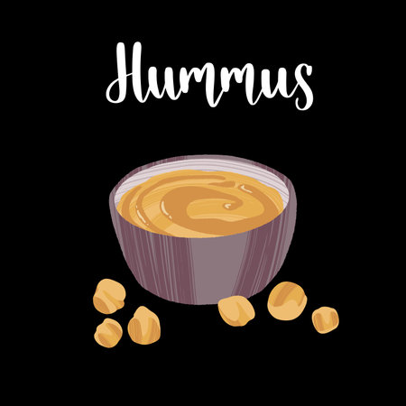 Hummus in a bowl with chickpea around. Healthy nutrition product.のイラスト素材