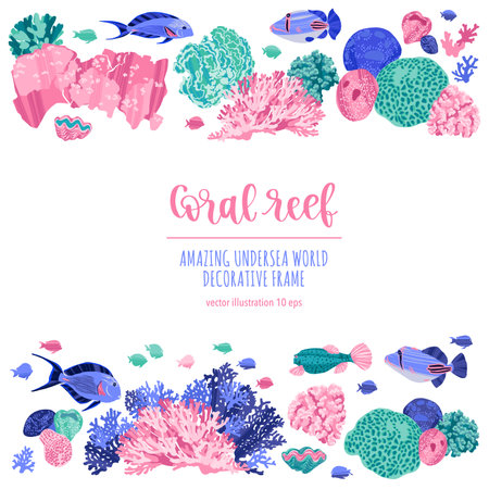 Sea decorative frame with tropical fishes and corals.のイラスト素材