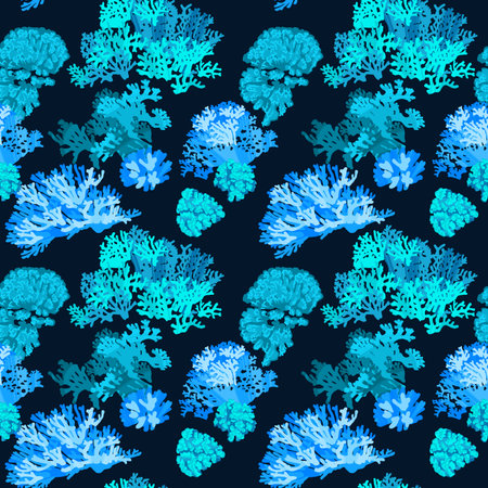 Seamless sea pattern with different corals. Colorful hand drawn tropical undersea life with dry brush texture.のイラスト素材