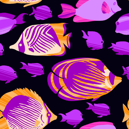 Seamless sea pattern with tropical fishes. Colorful hand drawn undersea life with dry brush texture.のイラスト素材