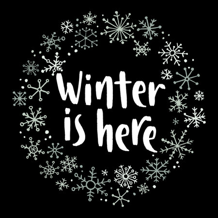 Christmas and New Year quote. Modern lettering and flat hand drawn decorative snowflakes.のイラスト素材