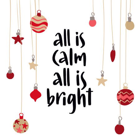 Trendy style lettering and flat hand drawn winter holiday symbols and decoration.のイラスト素材