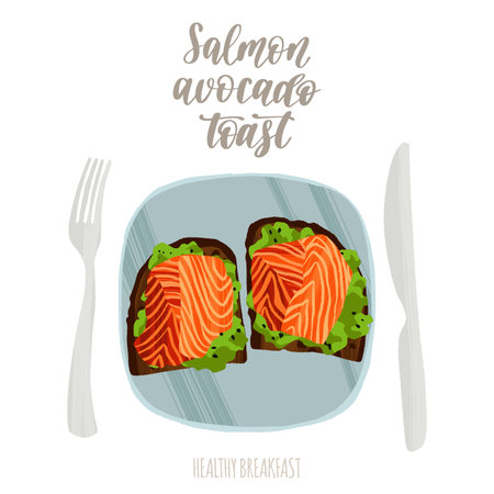 Delicious healthy breakfast. Salmon avocado toast. Hand drawn dish in flat style with dry brush texture.のイラスト素材
