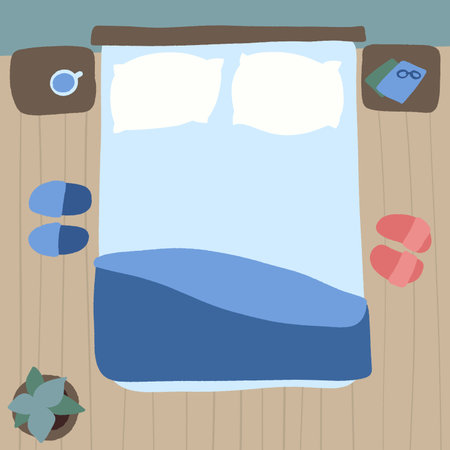 Bedroom with furniture overhead top view. Cozy double bed with interior elements.のイラスト素材