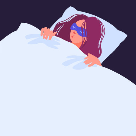 Young woman sleeps in bed. Girl in pajama sleeping on pillow under blanket.のイラスト素材