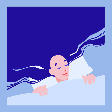 Young woman sleeps in bed. Girl in pajama sleeping on pillow under blanket.のイラスト素材