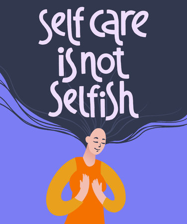 Self care is not selfish. Peaceful and calm young woman with flyaway hair and lettering.のイラスト素材