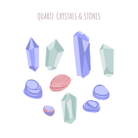 Quartz crystals and stones. Celestial set raw gemstones.のイラスト素材