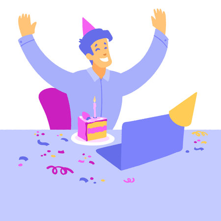 Online party, birthday, meeting friends. Friends communicate via video chat.