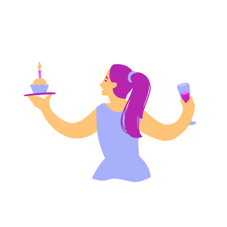 Young woman with cake and wine glass celebrating birthday or holiday event wearing cone hat back view.のイラスト素材