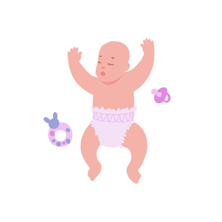 Baby sleeps with baby accessories. Infant in a diaper lies resting.のイラスト素材