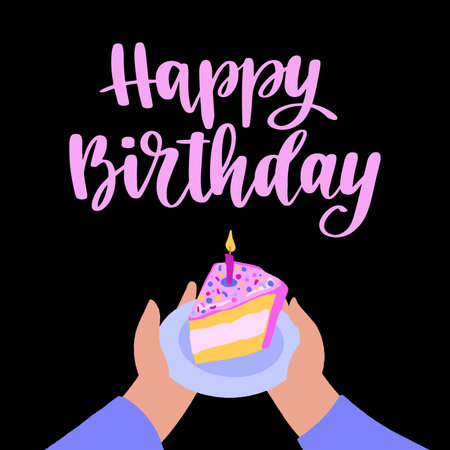 Happy Birthday. Handwritten lettering and hands hold out the cake with candles.のイラスト素材