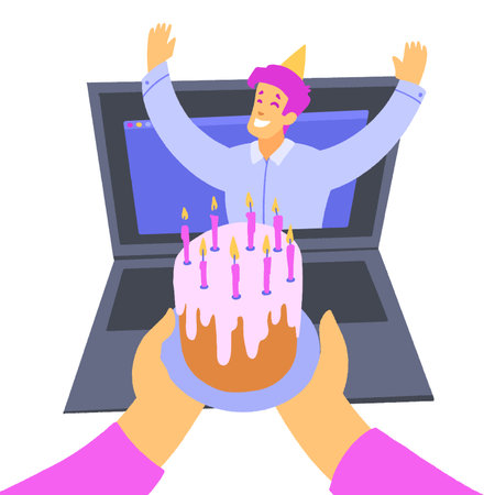 Young man celebrating birthday congratulations on the screen of laptop.のイラスト素材