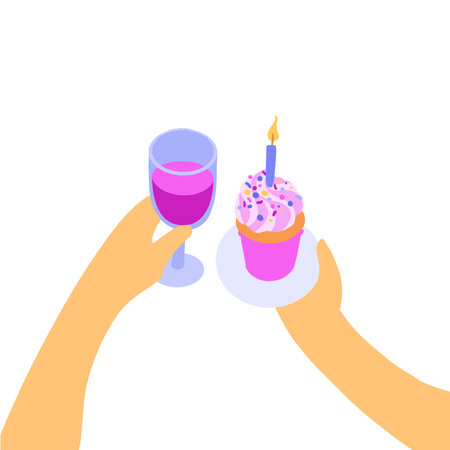 Happy Birthday. Hands hold out the cake and wine glass.のイラスト素材
