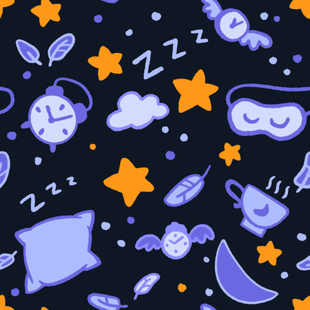 Seamless good night pattern with stars, moon, clouds, fethers and clocks.のイラスト素材