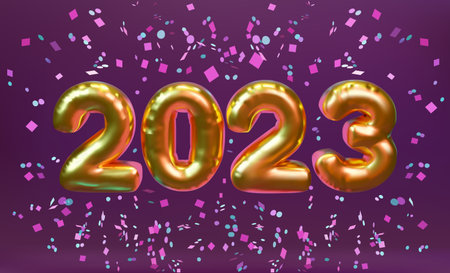 Happy new year 2023. Realistic golden foil balloons 3D.