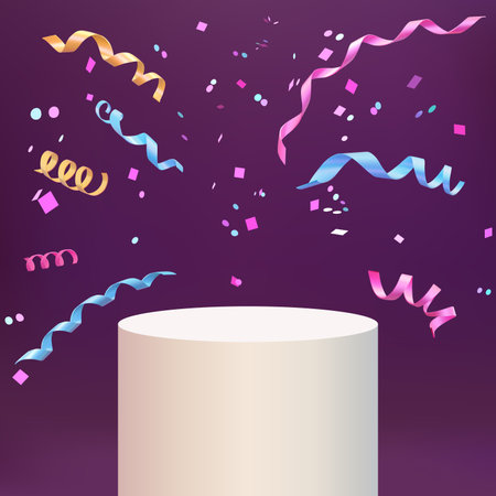 Cylinder podium with 3d realistic colorful confetti and ribbons on dark background.のイラスト素材