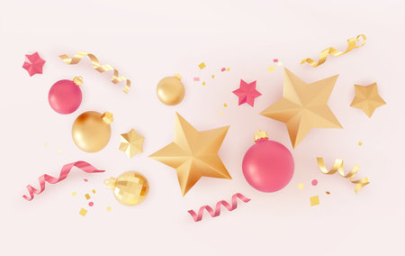 Merry Christmas and Happy New Year. Festive background with 3D realistic Christmas decorations.のイラスト素材