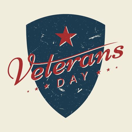Happy Veterans day letter vintage style emblem background with shield. November 11 holiday background. Vector illustrationのイラスト素材
