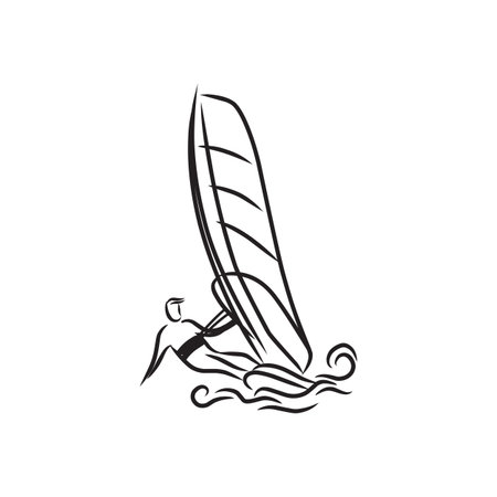 Windsurfing and windsurfer on waves, Hand drawn sketch, Extreme and water beach sports, vector design.のイラスト素材