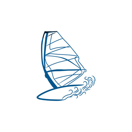 Windsurfing and windsurfer on waves, Hand drawn sketch, Extreme and water beach sports, vector design.のイラスト素材