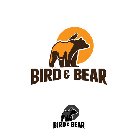vector logo, bear with birds in vintage style design illustrationのイラスト素材