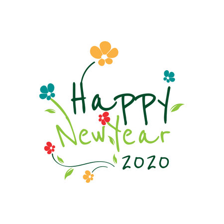 Happy New Year 2020 on White Background. gretting card with floral template of new year 2020 celebrations Creative Design Concept Image.Illustration of New Year Eve 2020.のイラスト素材
