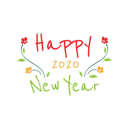Happy New Year 2020 on White Background. gretting card with floral template of new year 2020 celebrations Creative Design Concept Image.Illustration of New Year Eve 2020.のイラスト素材