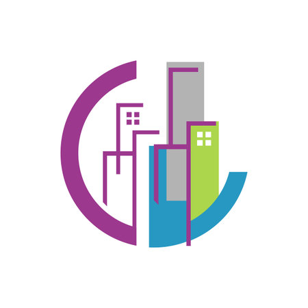 trendy overlapping line and square colorful building icon design vector. symbol and icon of residential flat apartment and skyline templateのイラスト素材