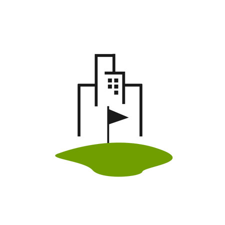 city golf icon design vector. golf field with flag and skyline background template illustrationsのイラスト素材
