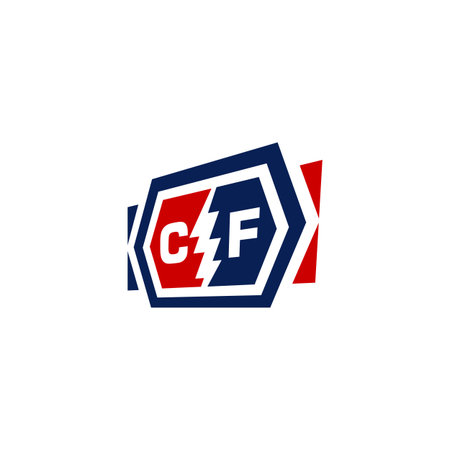Initial letter C F with lightning bolt hexagon shape in blue and red simple modern Smart Business company icon Concept.のイラスト素材