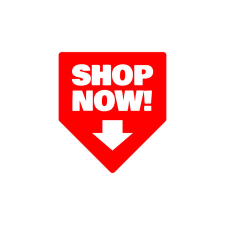 Shop now button lettering text vector design with business symbol icon template for banner site page website elementのイラスト素材