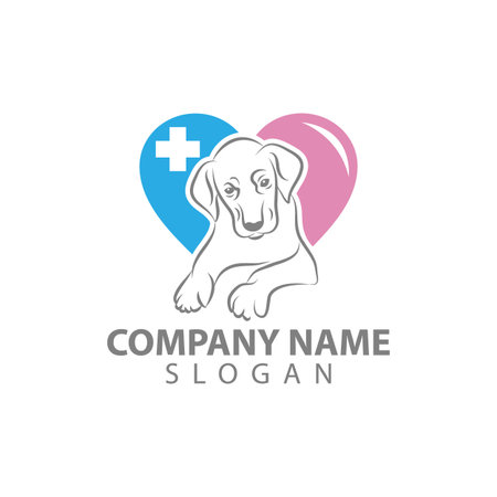 Vector logo for veterinary clinic.logo for a pet shop. Silhouette of the dog and cat with red circle shape and medical cross background.のイラスト素材