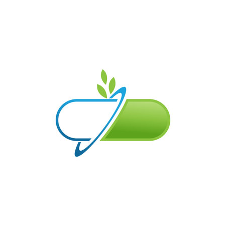 Capsule pharmacy medical logo template vector. Logo with nature or leaf with blue and green color. This logo is suitable for health business, doctor, hospital.のイラスト素材