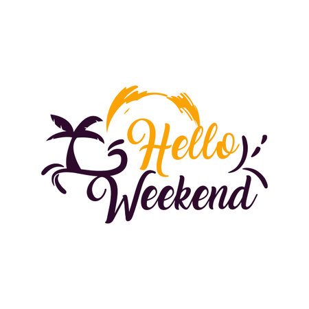 Modern Hand Lettering Quote, Hello Weekend, Vector Poster with phrase, Calligraphy Print, Pink Brush Stroke background, Typography Cardのイラスト素材