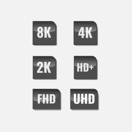 High Definition display resolution icon standard. Vector TV screen resolution symbol set of 8K, 5K, 4K Ultra, Quad HD, Full HDのイラスト素材