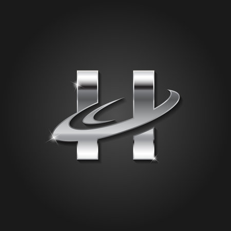 letter H shiny silver metallic color lettermark logo vector design isolated on the dark backgroundのイラスト素材