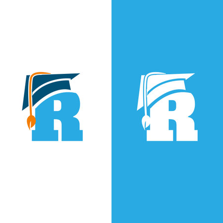 Initial letter R with graduation hat isolated white and blue background. Unique letter R in flat style. Vector illustrationのイラスト素材