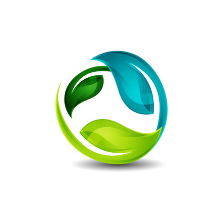 Shiny 3D style ecology enviromental logo. Ecology logo with leafs and 3D shiny style designのイラスト素材