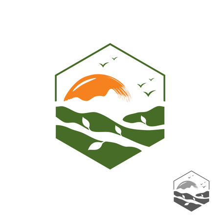 Farming design emblem for agriculture symbol with sun. Rural country farming field. Vector illustration EPS.8 EPS.10のイラスト素材