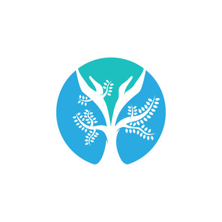 Hand tree logo, natural hands tree wellness concept icon, yoga health care symbol vector design. Simple silhouette hand and tree logo vector iconsのイラスト素材