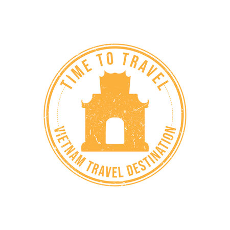 Grunge rubber stamp with the text Vietnam travel destination written inside the stamp. Time to travel. Silhouette temple Vietnam historical vector image. Vietnam travel destination grunge rubber stamp vectorのイラスト素材