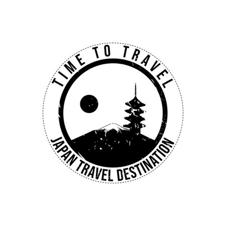 Grunge rubber stamp with the text Japan travel destination written inside the stamp. Time to travel. Silhouette of fuji mount and temple Japan historical vector image. Japan travel destination grunge rubber stamp vectorのイラスト素材