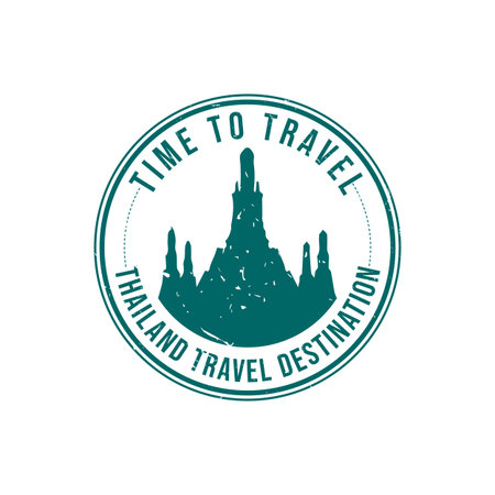 Grunge rubber stamp with the text Thailand travel destination written inside the stamp. Time to travel. Silhouette of wat arun temple Thailand historical vector image. Thailand travel destination grunge rubber stamp vectorのイラスト素材