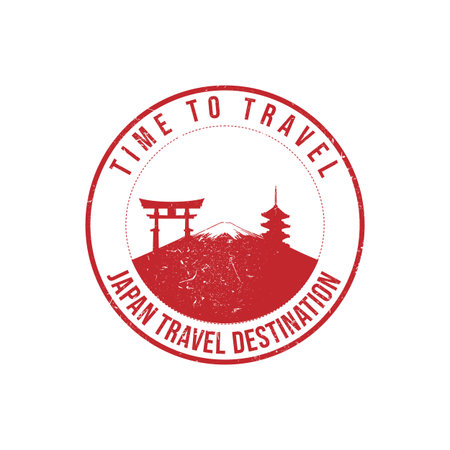 Grunge rubber stamp with the text Japan travel destination written inside the stamp. Time to travel. Silhouette of fuji mount and temple Japan historical vector image. Japan travel destination grunge rubber stamp vectorのイラスト素材